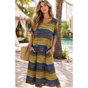 Vintage Pretty Pink Sz L Vibrant Colorful Rayon Back Button Front Pockets Maxi